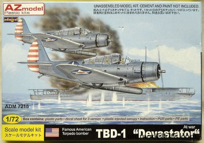 AZ Model 1/72 Douglas TBD-1 Devastator - LtCdr Waldron's Aircraft VT-8 USS Hornet June 4th 1942 Battle of Midway / VT-5 USS Yorktown March 1942 / '4-T-2'  USS Ranger CV-4 1942, ADM7215 plastic model kit